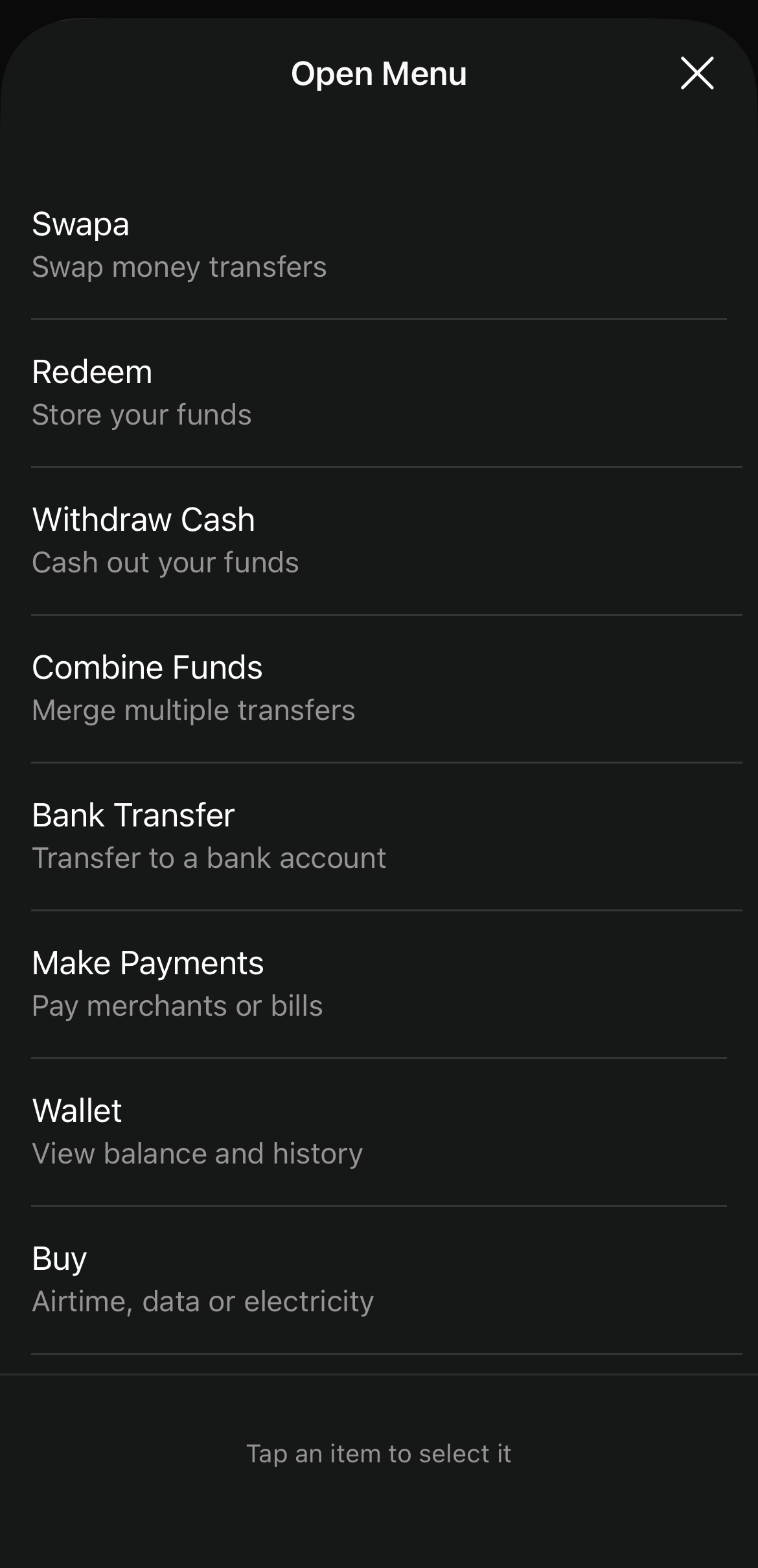 Cymless WhatsApp menu with Swapa, Redeem, Withdraw and more