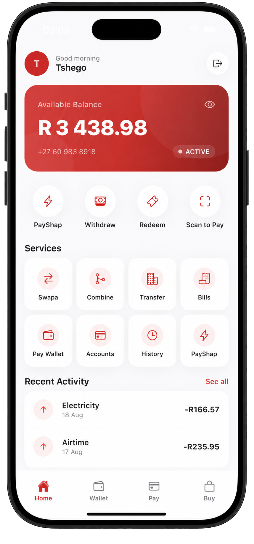 Cymless mobile app home screen showing wallet balance and services